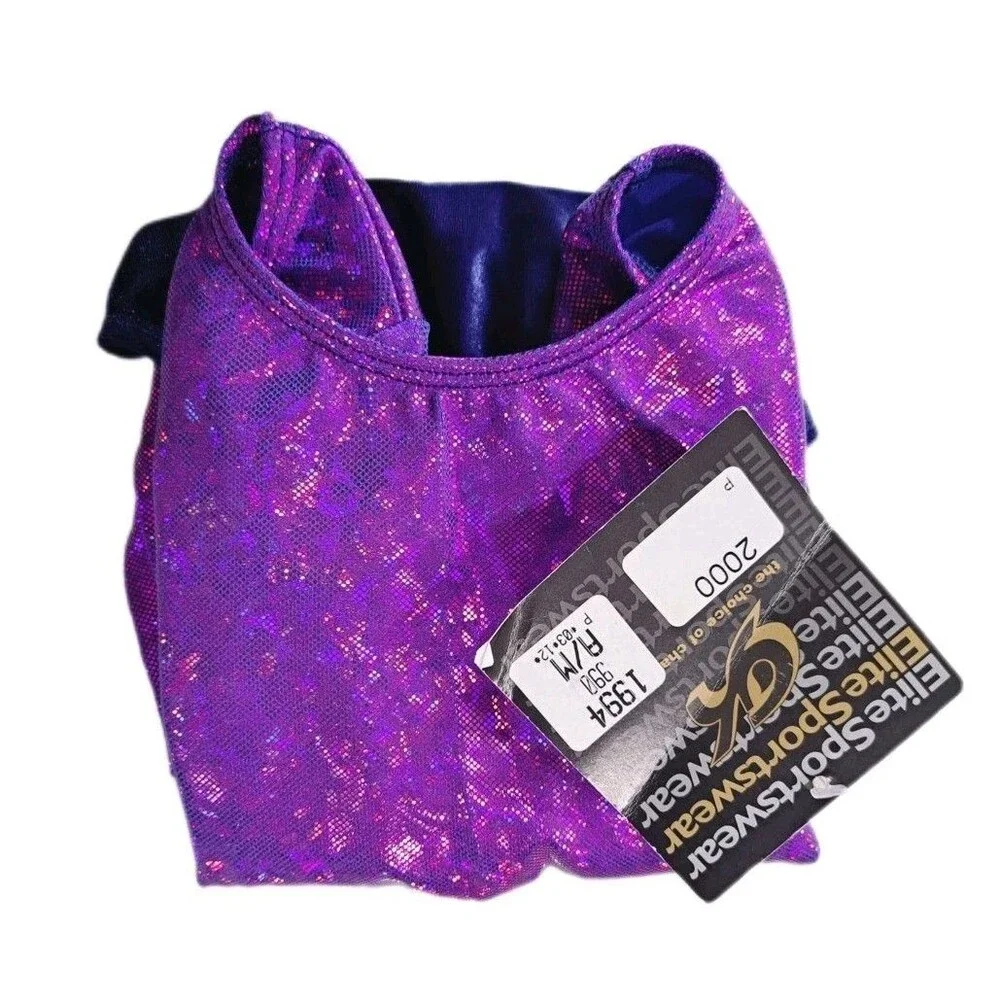 GK Elite VTG Mystique Purple Holographic LS Keyhole Leotard Blue Velvet Size AM